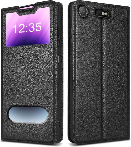Coque Cadorabo compatible avec Sony Xperia XZ1 COMPACT en NOIR COMET - Coque de protection avec fermeture magnétique, fonction support et 2 fenêtres de visualisation