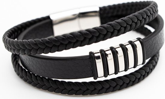 Sorprese armband - Retro 1 - armband heren - leer - zwart - 21 cm - zilveren sluiting - cadeau - Model Q