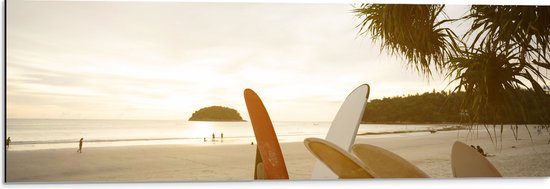 Dibond - Rij Surfplanken op het Strand tijdens Avondzon - 90x30 cm Foto op Aluminium (Met Ophangsysteem)