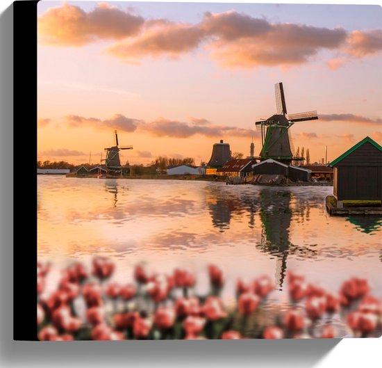 Canvas - Rij Tulpen aan het Water voor Molens in Nederland - 30x30 cm Foto op Canvas Schilderij (Wanddecoratie op Canvas)