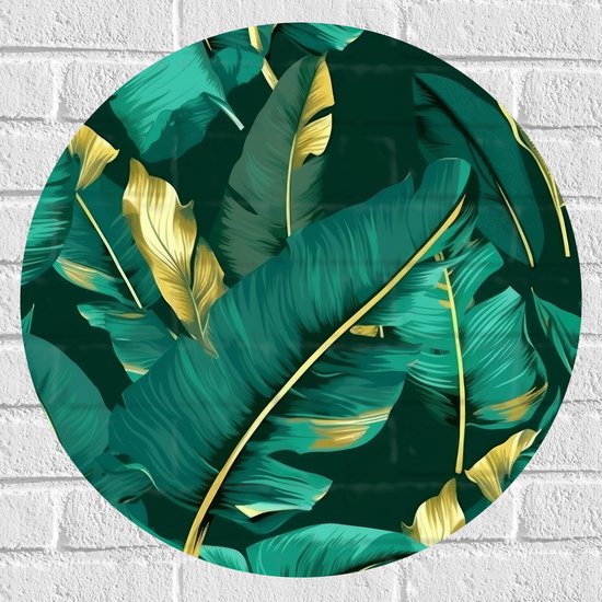 Muursticker Cirkel - Groene Palmbladeren met Gouden Details - 60x60 cm Foto op Muursticker