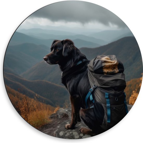 Dibond Muurcirkel - Reizende Hond met Backpack op Top van de Berg - 50x50 cm Foto op Aluminium Muurcirkel (met ophangsysteem)