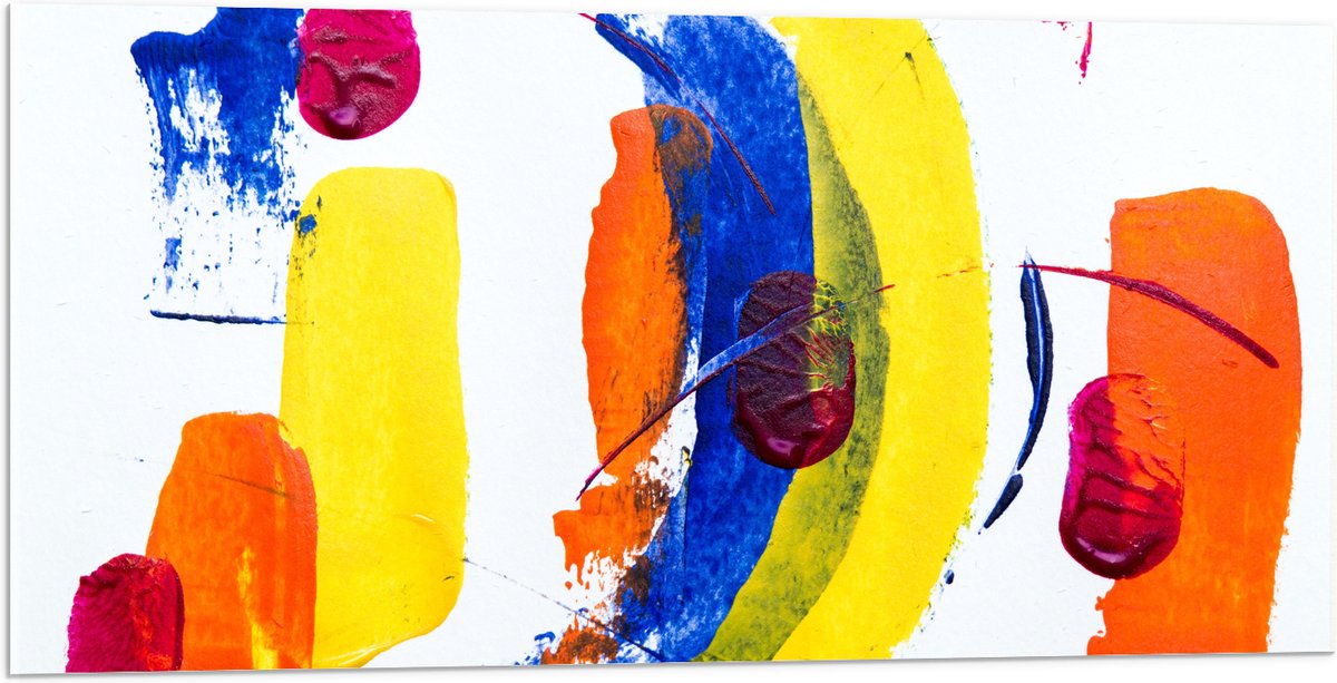 Acrylglas - Cirkels en Vegen van Verf in Verschillende Kleuren op Witte Ondergrond - 100x50 cm Foto op Acrylglas (Met Ophangsysteem)