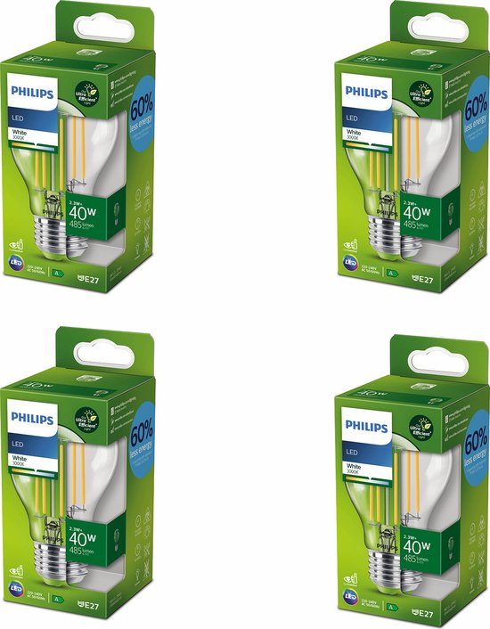 Philips Ultra Efficient LED Lampen E27 - 40W - Wit Licht - Niet Dimbaar - 4 Stuks - Bespaar op je Energiekosten - Voordeelverpakking