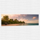 Muursticker - Ligbed aan Palmboom op Strand van Onbewoond Eiland - 150x50 cm Foto op Muursticker