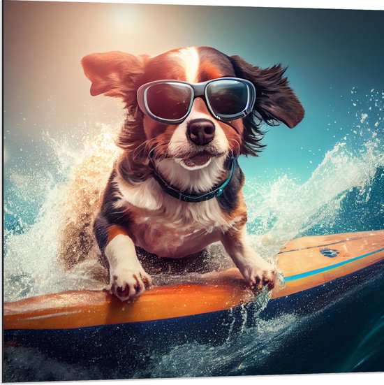 Dibond - Puppy op Geel Surfboard over de Golven - 80x80 cm Foto op Aluminium (Met Ophangsysteem)