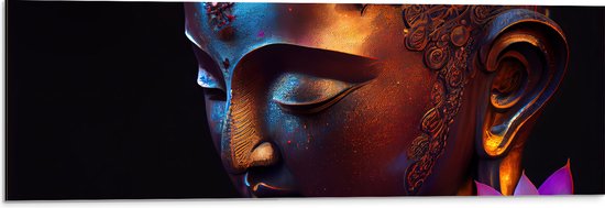 Dibond - Religieuze Boeddha met Roze Lelie Bloemen - 90x30 cm Foto op Aluminium (Met Ophangsysteem)