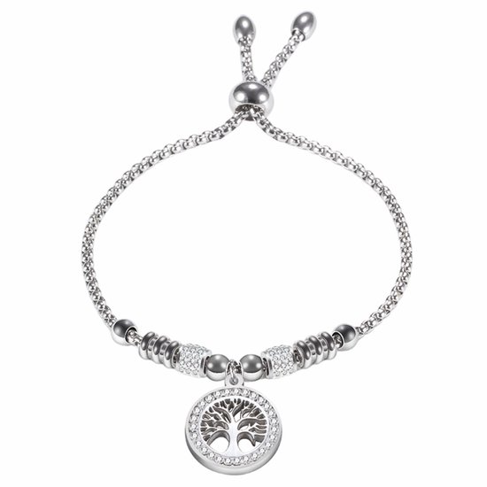 Fako Bijoux® - Dames Armband Tree Of Life Strass - Verstelbaar - 14-22cm - Cadeau - Verjaardag - Vrouw - Zilverkleurig