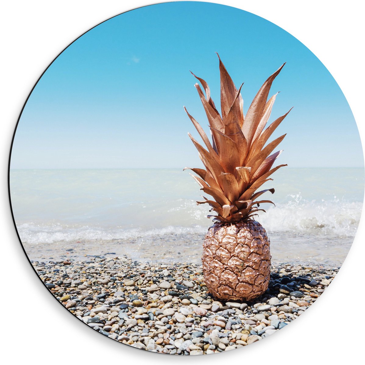 Dibond Muurcirkel - Zee - Eten - Annanas - Stenen - Water - 50x50 cm Foto op Aluminium Muurcirkel (met ophangsysteem)