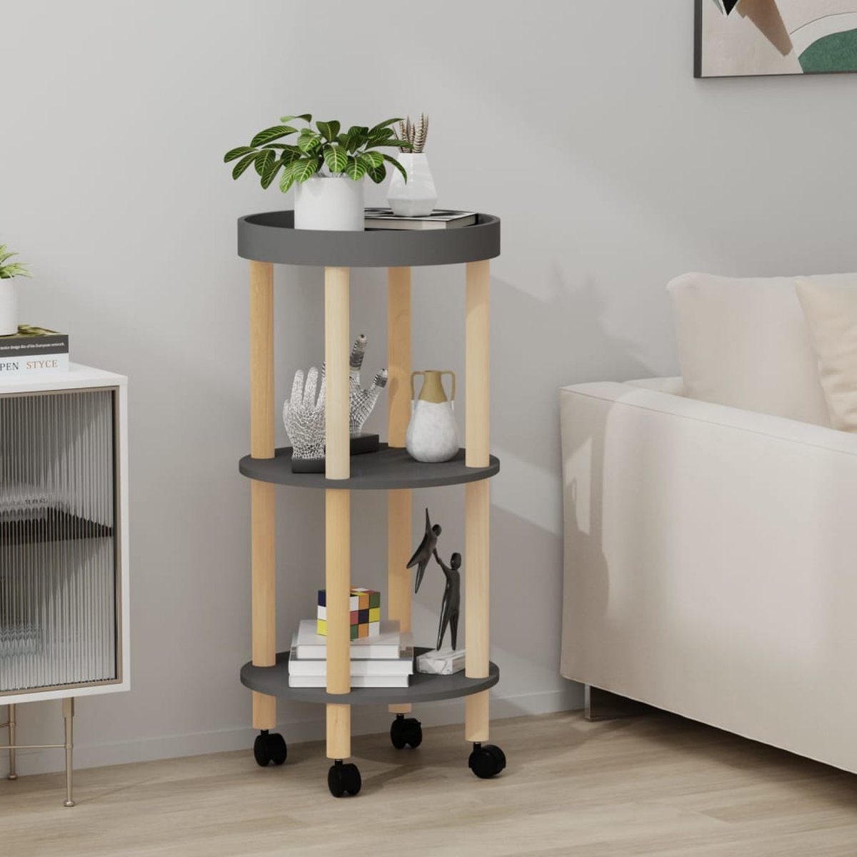 vidaXL - Trolley - 38x38x82cm - bewerkt - hout - en - massief - grenenhout - grijs