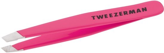 Roze Tweezerman mini schuine pincet met zilverkleurige punt.
