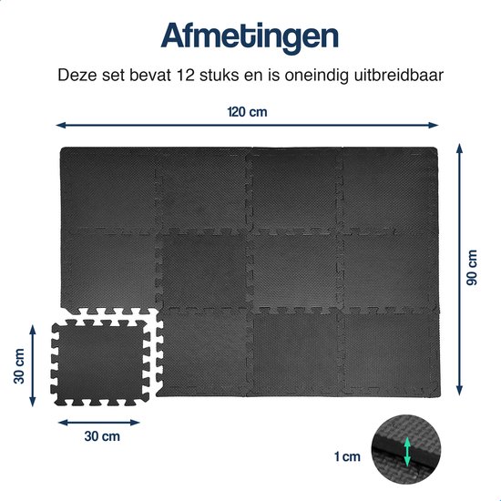 Hulser Puzzelmat - 30 x 30 x 1 cm - 12 stuks - 1,08 m2 - EVA foam mat - Fitnessmat ondergrond - Vloerbeschermer tegels - Rubberen isolatiemat extra dik - Fitness vloer ondertegels - Baby speelmat - Sportvloer kruipmat - Tenttapijt schuimmat - Zwembad