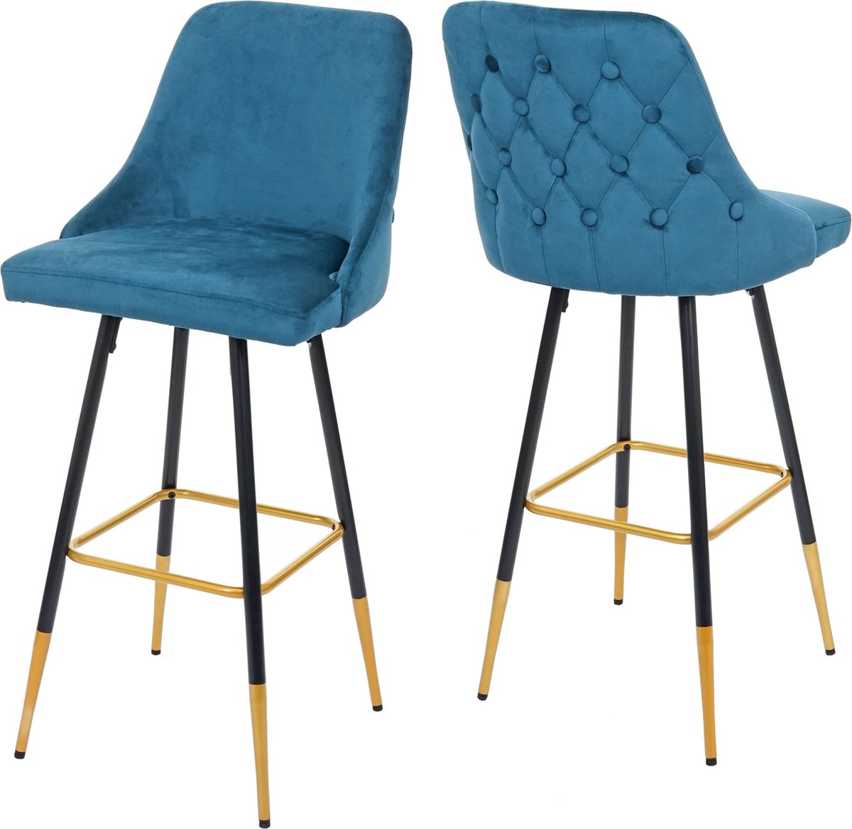 MCW Set van 2 barkrukken MCW-E70, barkruk tegenkruk, retro design fluwelen gouden stokjes/pootjes ~ petrol-blauw