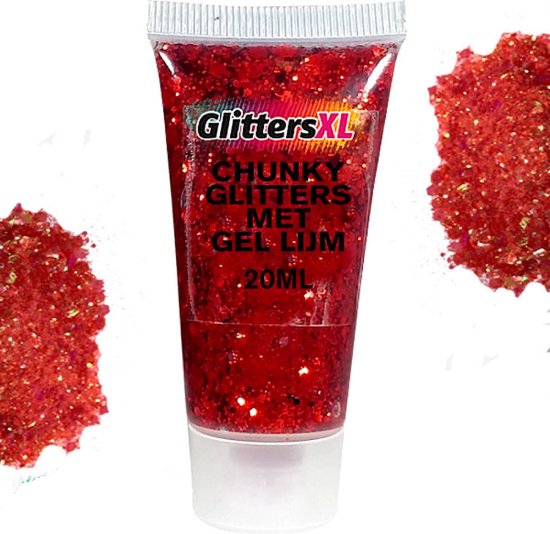 Foto: Chunky glitters met gel lijm tube rood volume 20ml festival jewels glitter outfit lichaam en gezicht make up diamond dots face body diamantjes strass steentjes kinderen volwassenen dames makeup tattoo mastix schmink 