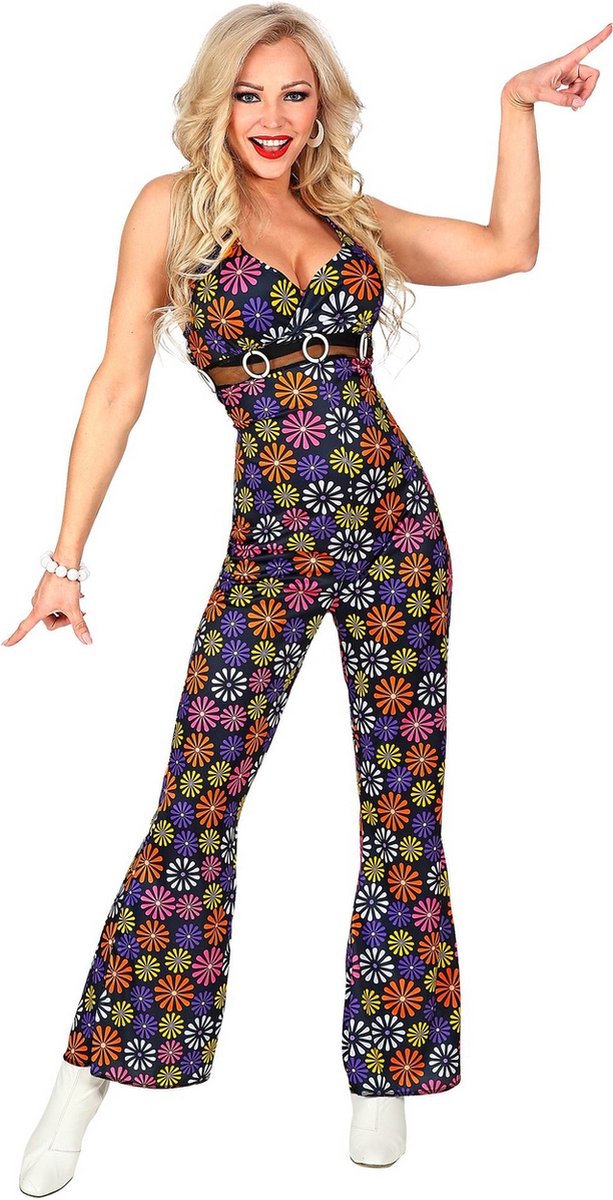 Widmann - Hippie Kostuum - L - Overal Bloemen Flower Power Hippie Jumpsuit - Vrouw - Zwart, Multicolor - Large - Carnavalskleding - Verkleedkleding