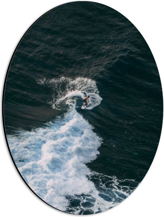 Dibond Ovaal - Zee - Golven - Persoon - Water -Surfen - Surfplank - Hobby - 30x40 cm Foto op Ovaal (Met Ophangsysteem)