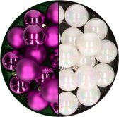 Decoris -Kerstballen 32x st - mix parelmoer wit/paars - 4 cm - kunststof - kerstversiering