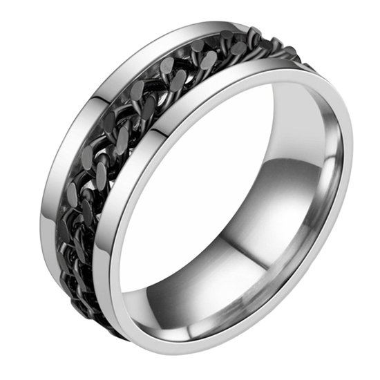 Fako Bijoux® - Ring - Ring Anxiété - Ring Anxiété - Anneau Stress - Anneau Ring - Anneau Ring - Acier Inoxydable - Argent/ Zwart - EU:61 - USA:10 - 19.5mm