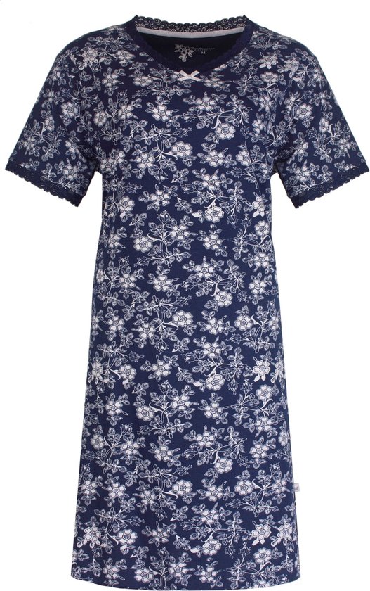 Tenderness Dames Nachthemd - Slaapkleed - Bloemenprint - 100% Katoen - Marine Blauw - Maat XL