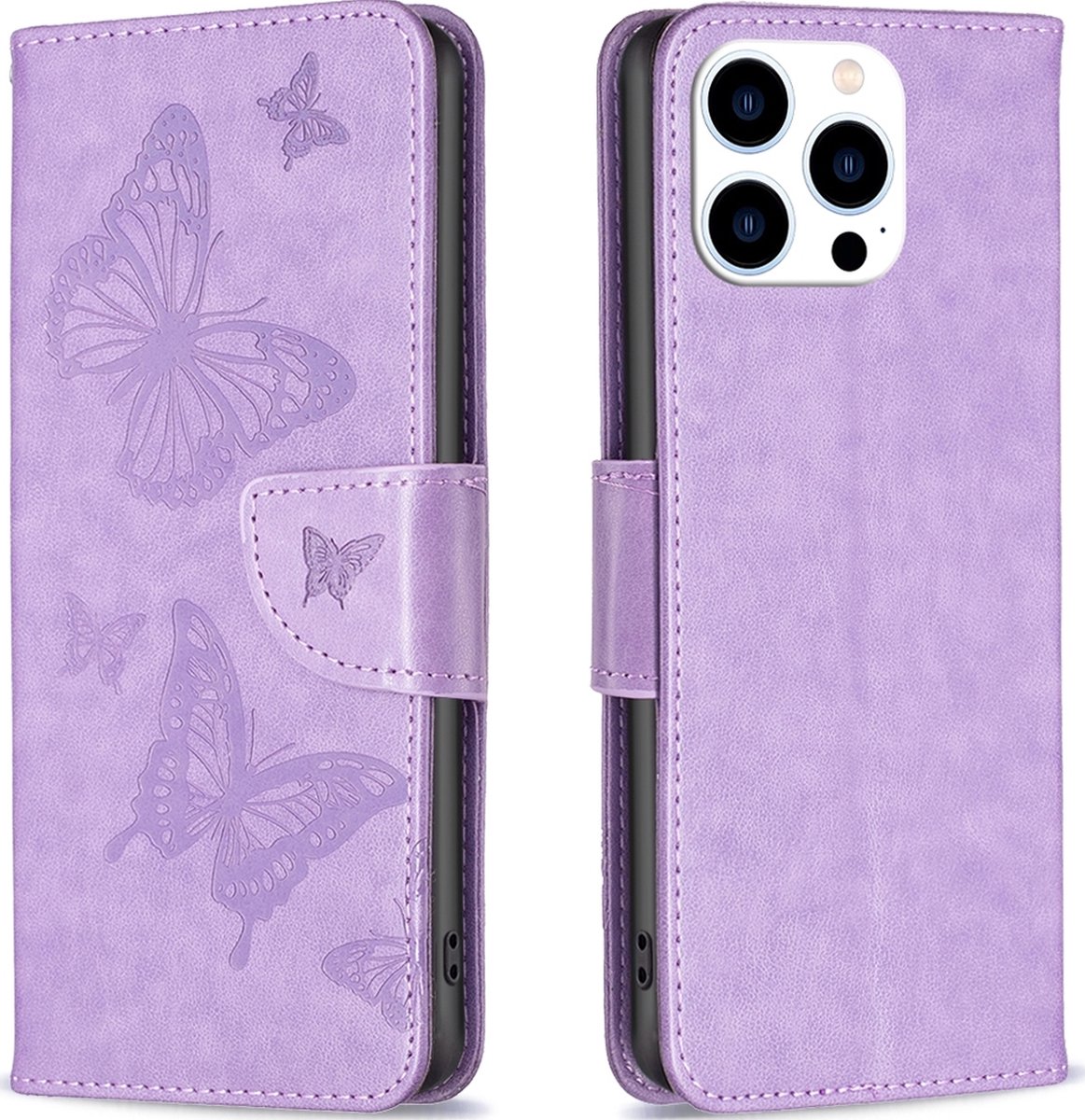 Mobigear Telefoonhoesje geschikt voor Apple iPhone 15 Pro Hoesje | Mobigear Butterfly Bookcase Portemonnee | Pasjeshouder voor 3 Pasjes | Telefoonhoesje voor Pinpas / OV Kaart / Rijbewijs - Paars