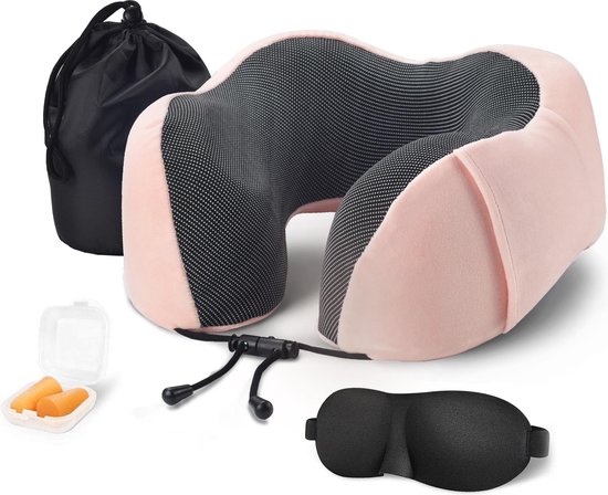 SUNMOOL Memory Foam Nekkussen Inclusief Slaapmasker & Oordopjes - Reiskussen - Vliegtuig Kussen - Travel Pillow : Roze