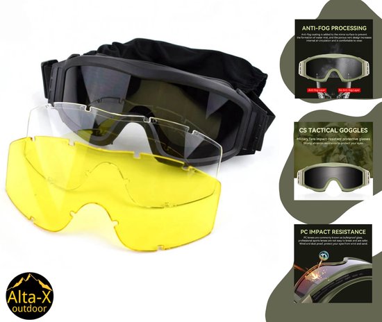 Alta-x - Airsoft bril Zwart - Skibril - Veiligheidsbril - 3 Kleuren Glas verwisselbaar - Airsoft googgles