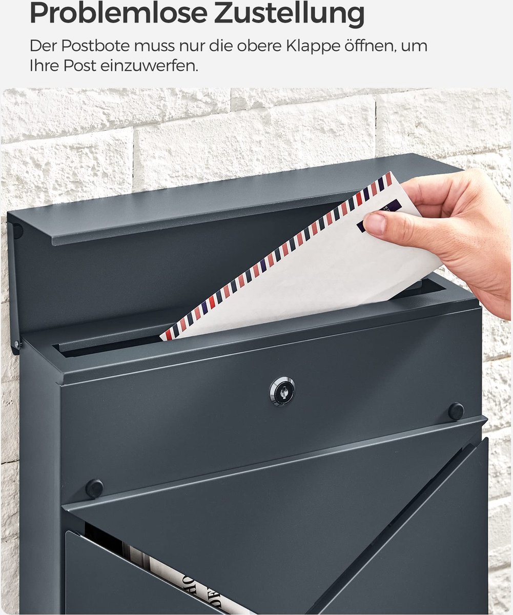 SONGMICS GMB120G01 Wandbrievenbus met slot met draaibaar deksel, kijkvenster, naamhouder, krantenvak, eenvoudige montage, 11 x 37 x 37 cm, houtskoolgrijs