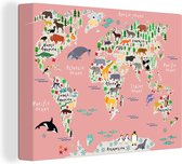 Canvas Wereldkaart - 40x30 - Wanddecoratie Wereldkaart - Kinderen - Roze - Dieren