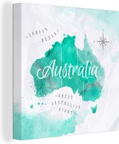 Canvas Wereldkaart - 90x90 - Wanddecoratie Wereldkaart - Australië - Turquoise