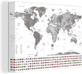 Canvas Wereldkaart - 80x60 - Wanddecoratie Wereldkaart - Vlag - Zwart - Wit