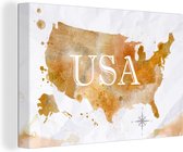 Canvas Wereldkaart - 90x60 - Wanddecoratie Verenigde Staten - Wereldkaart - Olieverf