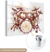 MuchoWow® Glasschilderij 80x60 cm - Schilderij acrylglas - Illustratie van een drumstel in het rood - Foto op glas - Schilderijen