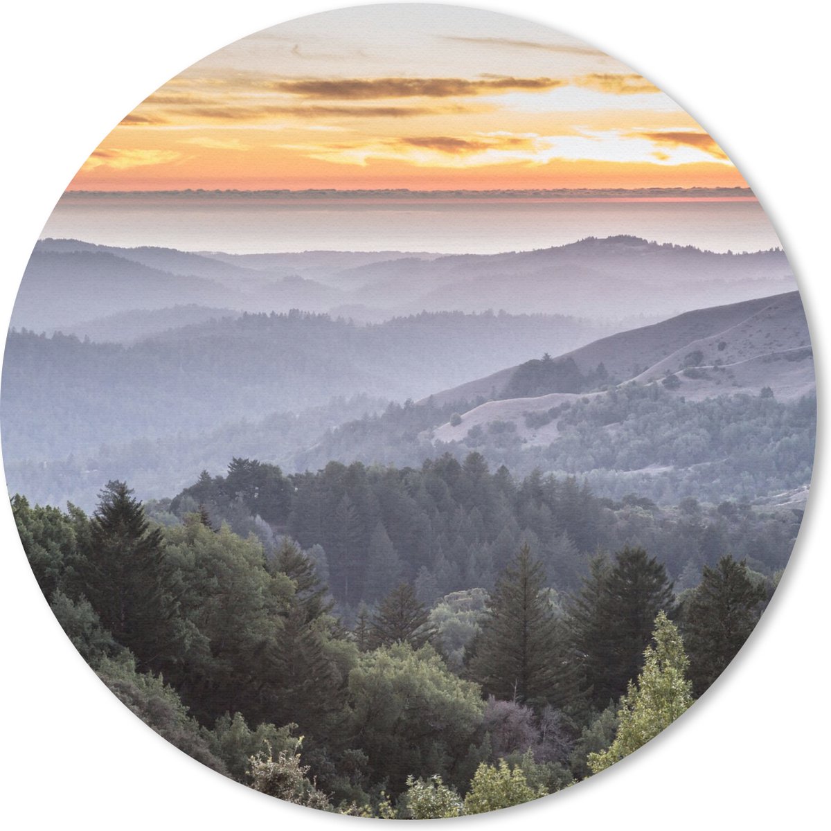 Muismat rond 20x20 cm - Mousepad Bergen - Zon - Bos - Landschap - Ronde muismatten