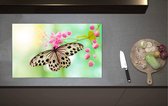 Inductieplaat Beschermer - Vlinder met Doorzichtige Vleugels op Tak Vol Roze Bloemen - 80x52 cm - 2 mm Dik - Inductie Beschermer van Vinyl
