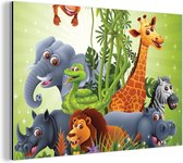 Wanddecoratie Metaal - Aluminium Schilderij Industrieel - Jungle dieren - Planten - Kinderen - Olifant - Giraf - Leeuw - 120x80 cm - Dibond - Foto op aluminium - Industriële muurdecoratie - Voor de woonkamer/slaapkamer