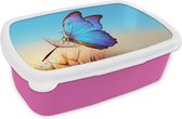 Broodtrommel Roze - Lunchbox - Brooddoos - Vlinder - Paardebloem - Blauw - 18x12x6 cm - Kinderen - Meisje