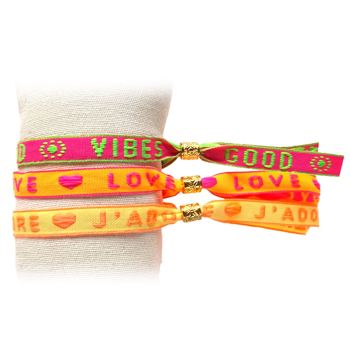 Principessa set van 3 trendy Festival lint armbandjes met tekstlint - Tekst: Good Vibes, Love, J’adore - Kleur: Neon Roze, Oranje, Geel