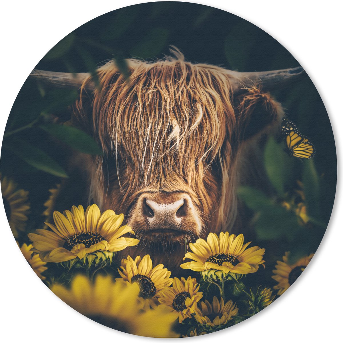 Muismat rond 30x30 cm - Mousepad Schotse hooglander - Bloemen - Koe - Botanisch - Dieren - Ronde muismatten