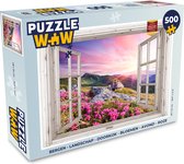 Puzzel Bergen - Landschap - Doorkijk - Bloemen - Avond - Roze - Legpuzzel - Puzzel 500 stukjes