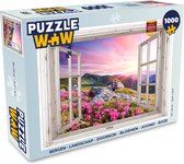 Puzzel Bergen - Landschap - Doorkijk - Bloemen - Avond - Roze - Legpuzzel - Puzzel 1000 stukjes volwassenen