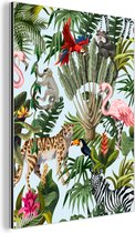 Wanddecoratie Metaal - Aluminium Schilderij Industrieel - Jungle - Dieren - Meisjes - Kinderen - Jongens - Flamingo - Papegaai - 90x120 cm - Dibond - Foto op aluminium - Industriële muurdecoratie - Voor de woonkamer/slaapkamer