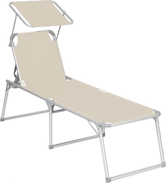 Rootz Sun Lounger - Outdoor Sun Lounger - Opvouwbare Sun Lounger - Verstelbare Sun Lounger - Garden Sun Lounger - Met Kussen En Dak - Beige - 65 x 200 x 48 cm