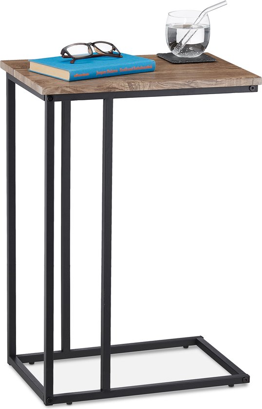 Bijzettafel industrieel design u-vorm metaal-houtlook grijs-bruin zwart 66x46x30cm Relaxdays