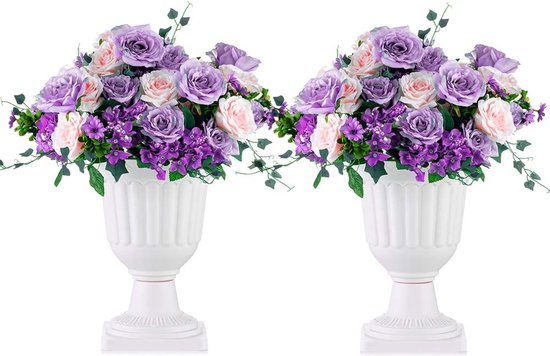 2 stuks bloemenspindel, decoratieve urn van kunststof met een hoogte van 35,5 cm, hoge kunststof plantensokkel, bloempot in vintage stijl, huistuin, veranda, deurdek balkondecoratie, wit