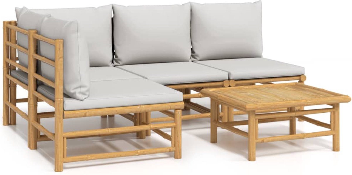 vidaXL 5-delige - Loungeset - met - kussens - bamboe - lichtgrijs
