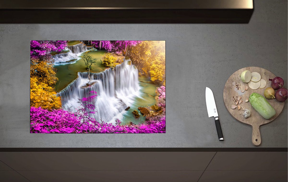 Inductieplaat Beschermer - Bovenaanzicht van Hoge Watervallen omringd door Paars - 70x52 cm - 2 mm Dik - Inductie Beschermer van Vinyl