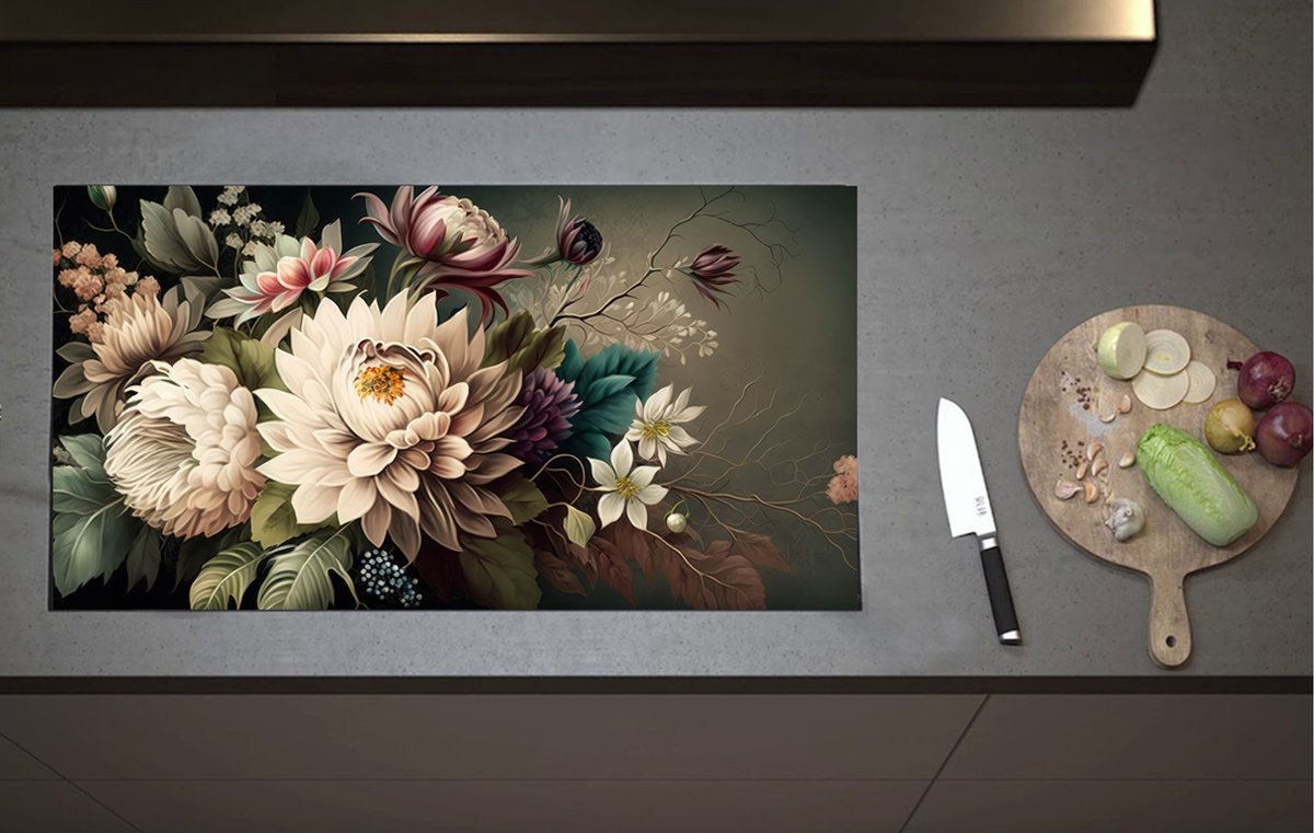 Inductieplaat Beschermer - Boeket Bloemen in Verschillende Kleuren - 90x52 cm - 2 mm Dik - Inductie Beschermer van Vinyl