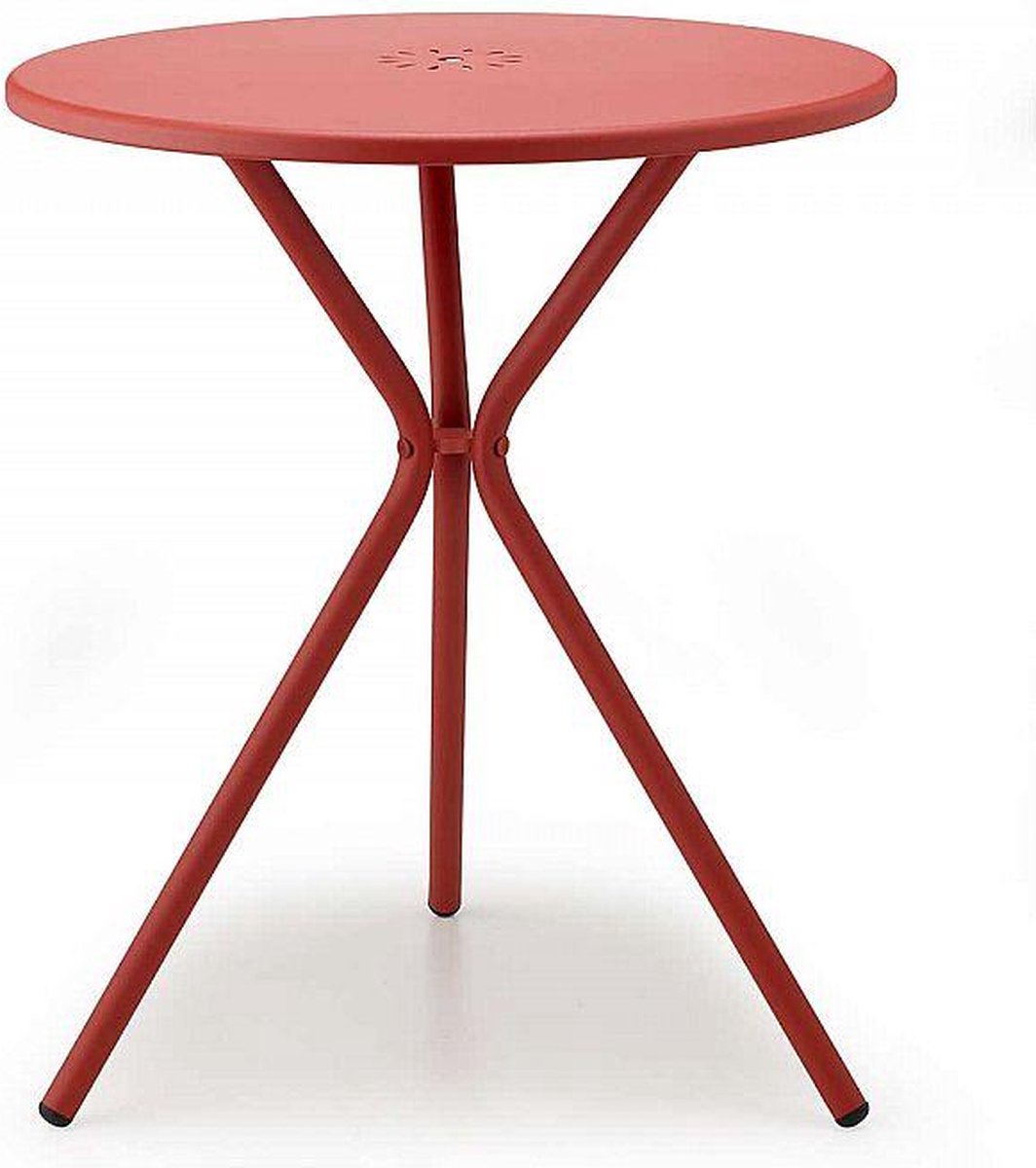 Kyra bistrotafeltje. Leuk designtafeltje in de kleur rood, voor als u een klein terrasje hebt. Slank model geschikt voor 2 stoelen. Alleen verkrijgbaar per 2 stuks.