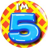 Button 5 Jaar - Button met speld (55mm) - Leeftijd badge - 5 Jaar versiering - Accessoires - Rozet I'm 5 - Verjaardag jongen / meisje / man / vrouw - Button 5 Jaar