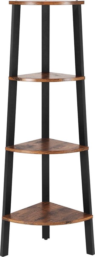 Bruine hoekplank met zwart metalen frame, 4 niveaus.